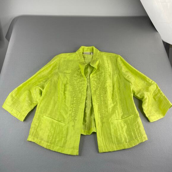 Chico's Lime Green Linen Blend Crinkle Embroidered Open Jacket Women's 3 (XL/16) - Picture 1 of 15